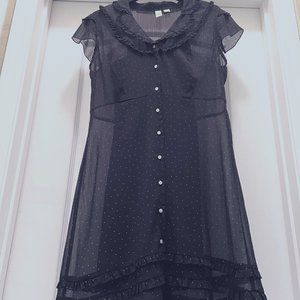 Johnny M-Vintage Button Up Ruffled Dress-Pink Polka Dots on Black Sheer/Liner